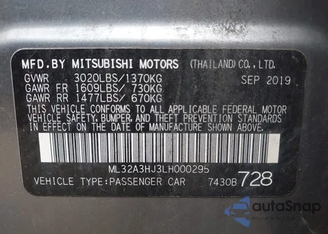 2020 Mitsubishi Mirage Es from USA, damaged, VIN ML32A3HJ3LH000295